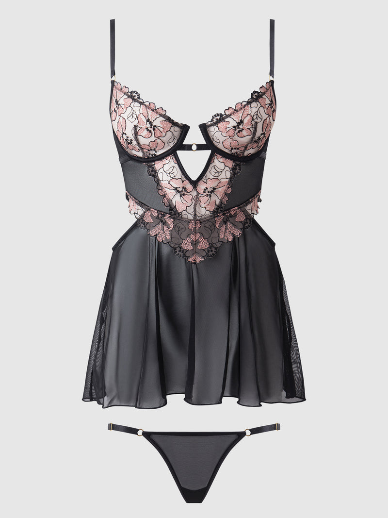 Nova Lace Plus Size Babydoll Set In Black | Anya Lust Luxury Lingerie | Baby Doll Nightwear Lingerie Set With Underwire Cups And Thong For Plus Size Women