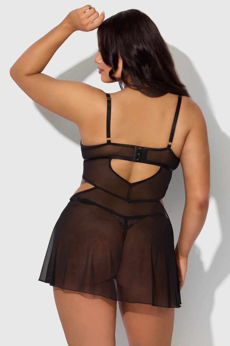 Nova Lace Plus Size Babydoll Set In Black | Anya Lust Luxury Lingerie | Sexy Babydoll Dress With Cutouts For Plus Size Women