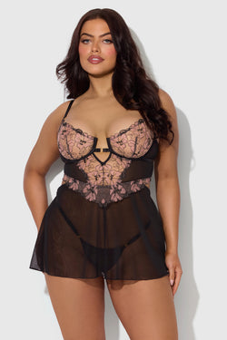 Nova Lace Plus Size Babydoll Set In Black | Anya Lust Luxury Lingerie | Romantic Luxury Lace Babydoll Dress With Thong 