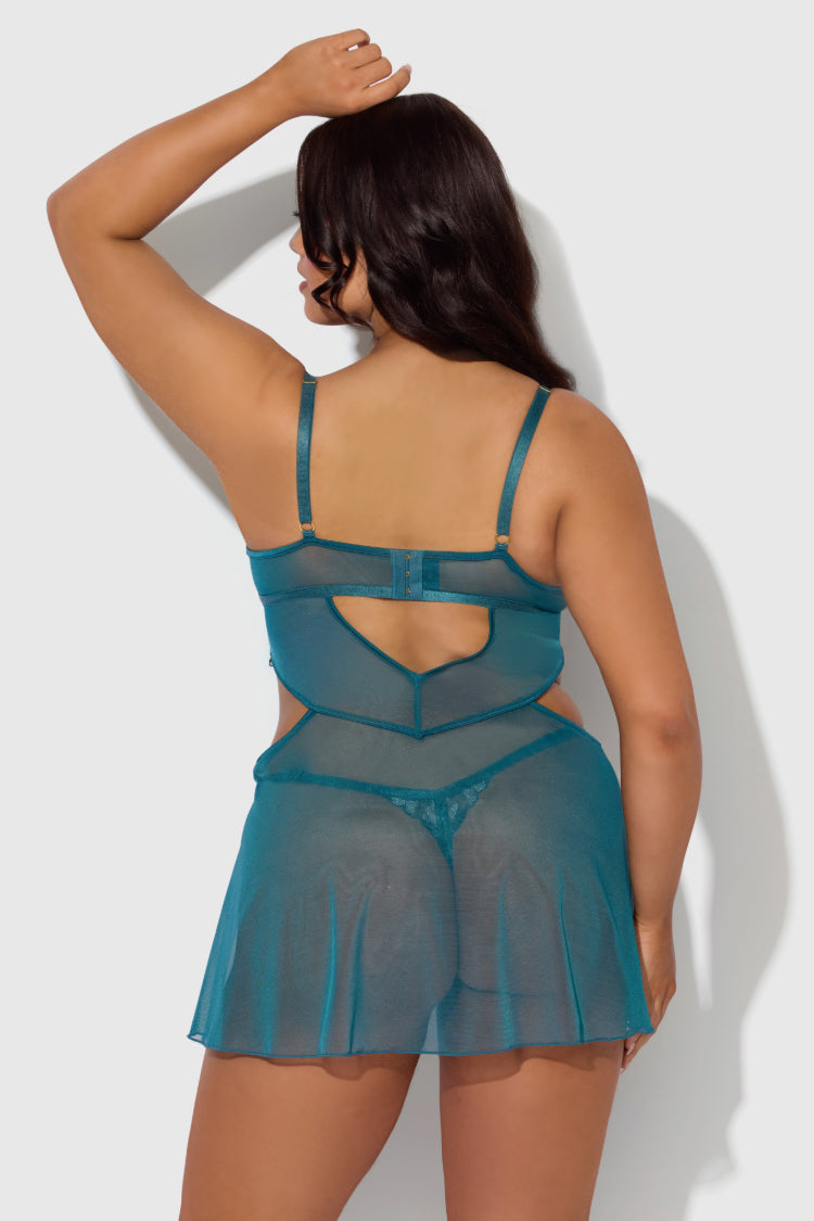 Nova Lace Plus Size Babydoll Set In Blue | Anya Lust Luxury Lingerie | Sheer Babydoll Lingerie Set With Cutouts For Plus Size Women