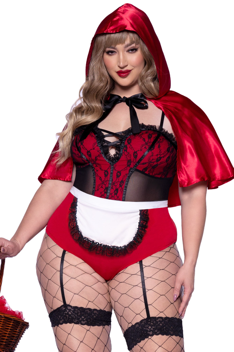 Plus Naughty Miss Red Riding Hood Costume | Anya Lust Luxury Lingerie | Romantic Plus size Miss Ridding hood costume with satin bow tie and front satin crisscross 