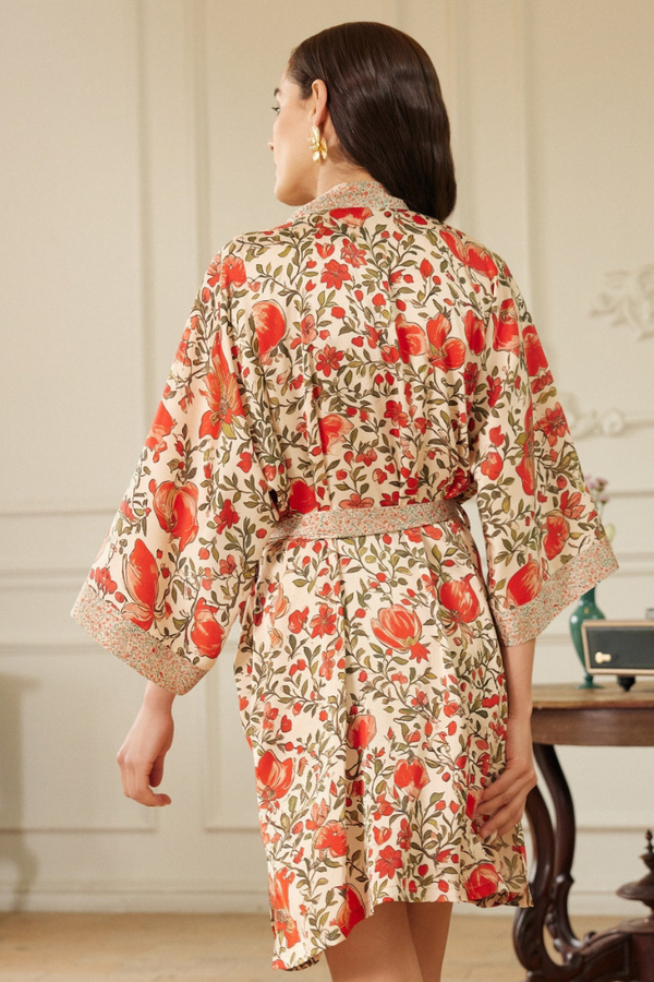 Pomegranate Garden Kimono Robe | Anya Lust Lingerie | Above the Knee Length Satin Pomegranate Kimono Robe with Waist Tie