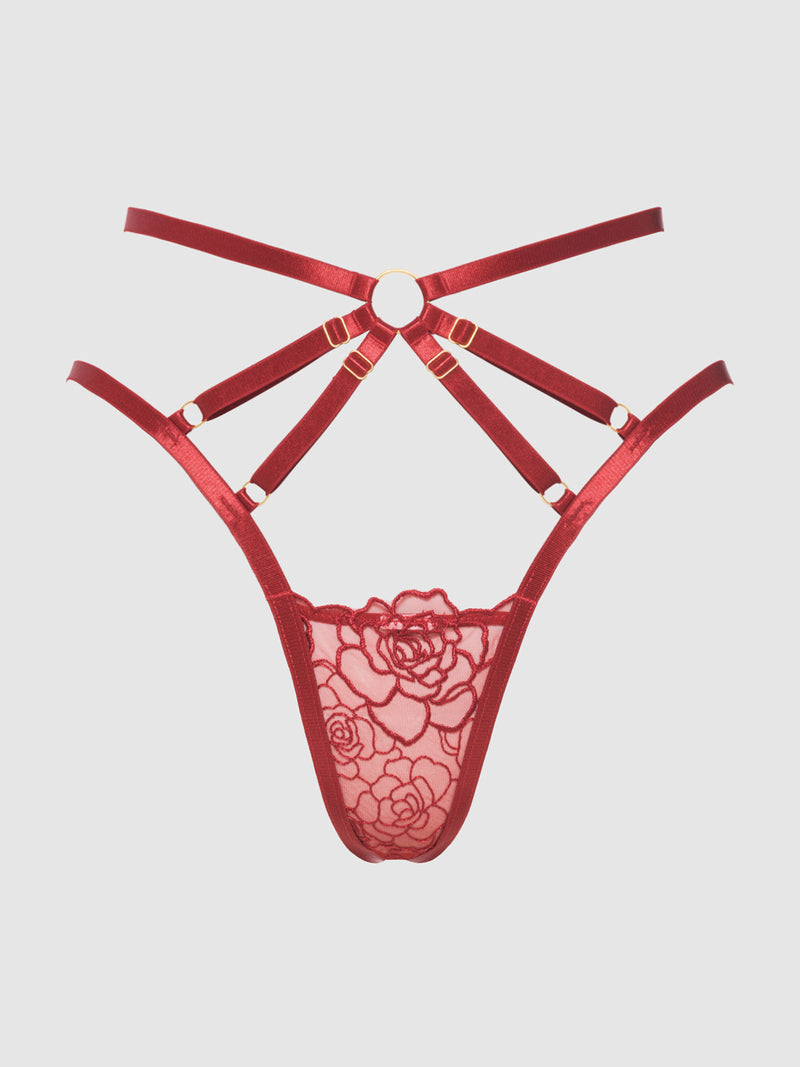 Rosalie Embroidered Lace Plus Size Strappy Tanga | Anya Lust Luxury Lingerie |  Seductive Red Rose Embroidered Plus Size Lingerie