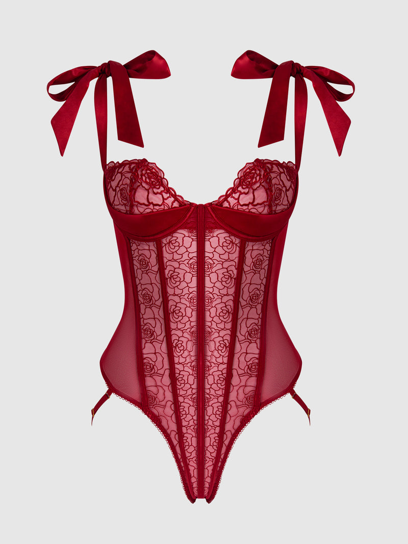 Rosalie Embroidered Lace Plus Size Teddy | Anya Lust Luxury Lingerie | Red Rose Embroidered Lace Bodysuit Lingerie For Date Night