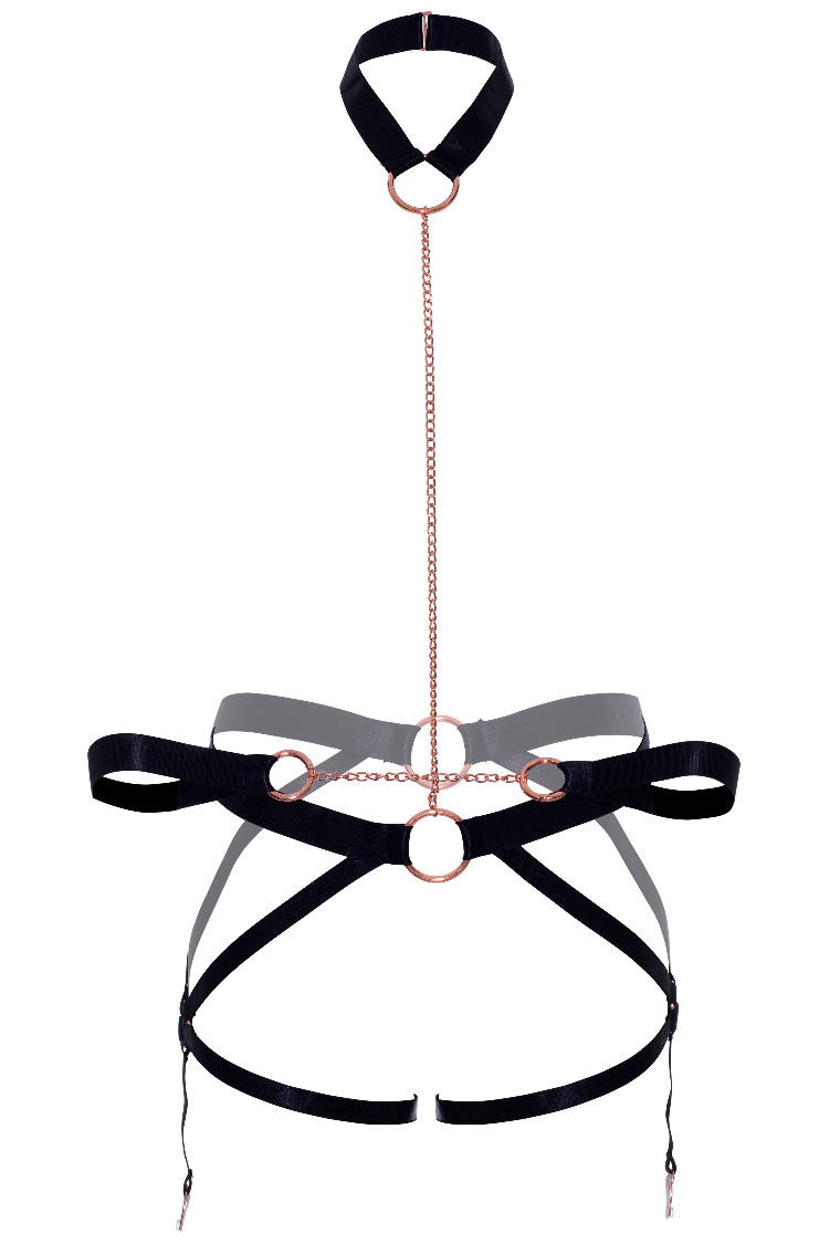 Safe Word Harness Restraint Set | Anya Lust Luxury Lingerie | Erotic Bondage waist restraint Harness with Choker and gold hardware