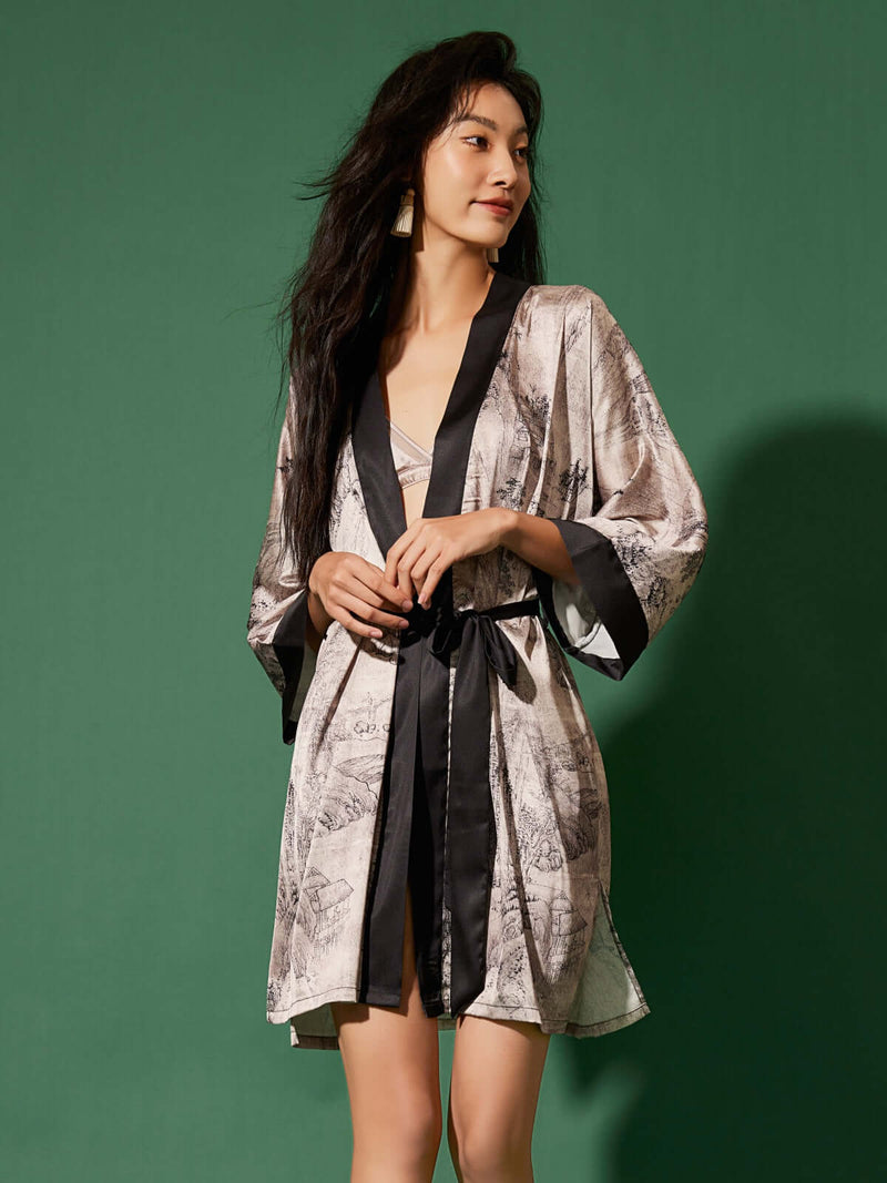 Short Kimono Robe Ink Painting | Anya Lust Luxury Robes for Women | lightweight kimono loungewear with artistic print