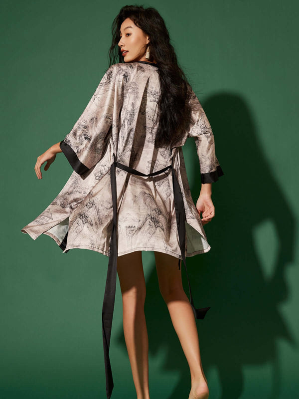 Short Kimono Robe Ink Painting | Anya Lust Luxury Robes for Women | silky satin kimono robe for women