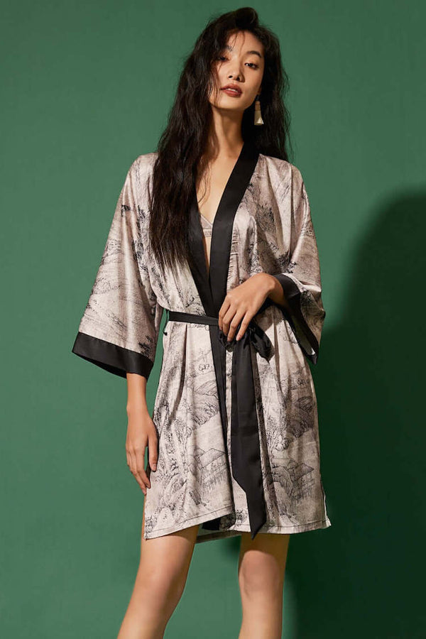 Short Kimono Robe Ink Painting | Anya Lust Luxury Robes for Women | Short kimono robe with ink painting print