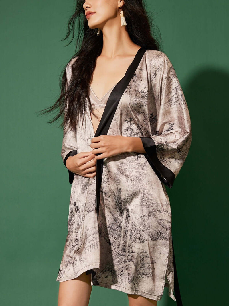 Short Kimono Robe Ink Painting | Anya Lust Luxury Robes for Women | elegant short robe with wide sleeves