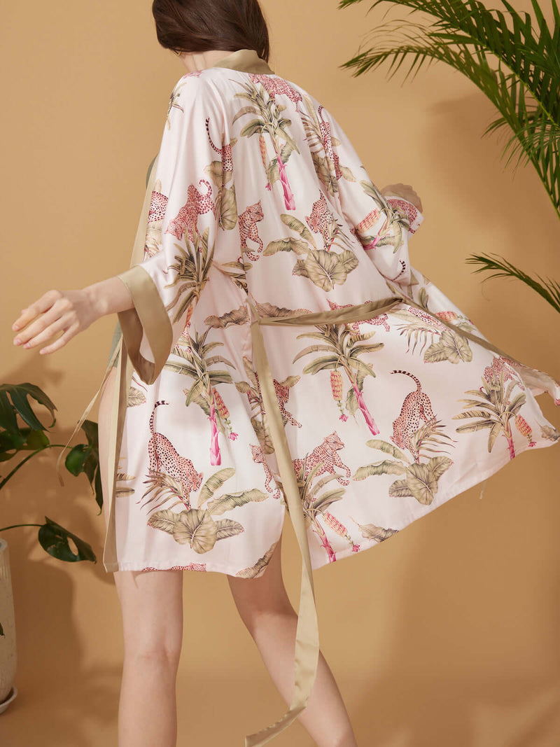 Short Kimono Robe Olive Leopard | Anya Lust Luxury Robe for Women | Olive green trim leopard kimono robe