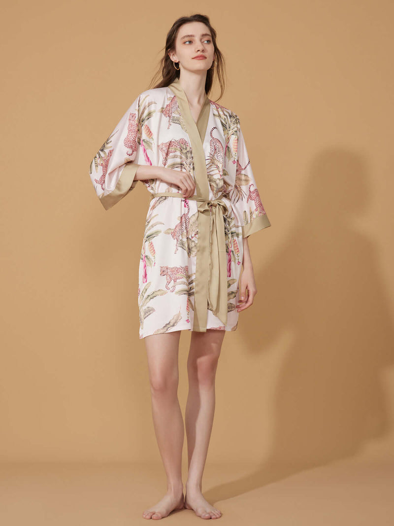 Short Kimono Robe Olive Leopard | Anya Lust Luxury Robe for Women | Short satin kimono robe with olive green trim and leopard print design