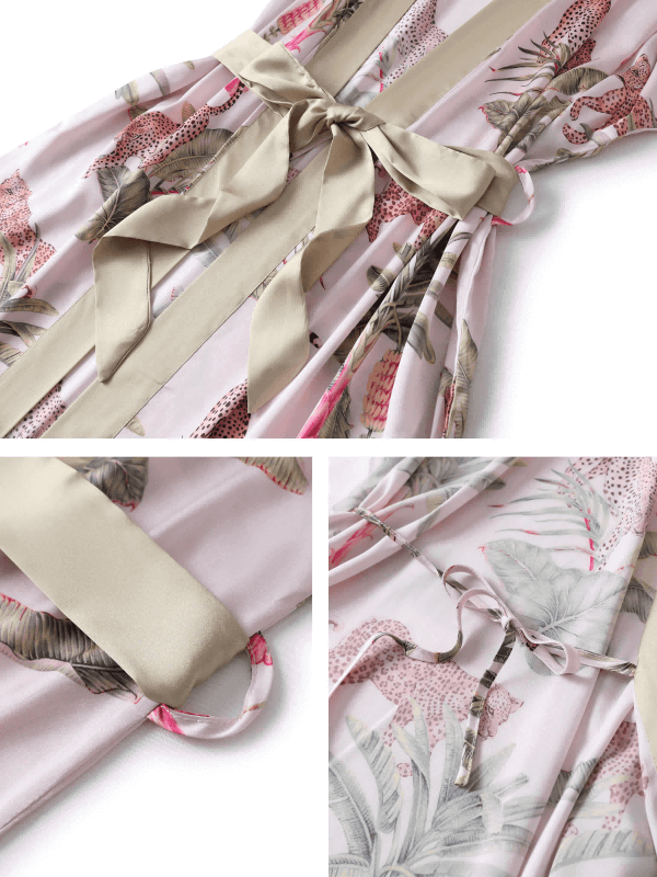 Short Kimono Robe Olive Leopard | Anya Lust Luxury Robe for Women | Close-up of tropical leopard print and olive sash on luxury short kimono robe