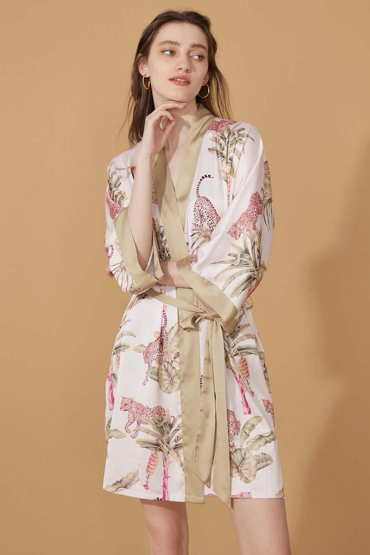 Short Kimono Robe Olive Leopard | Anya Lust Luxury Robe for Women | Short satin kimono robe with animal print