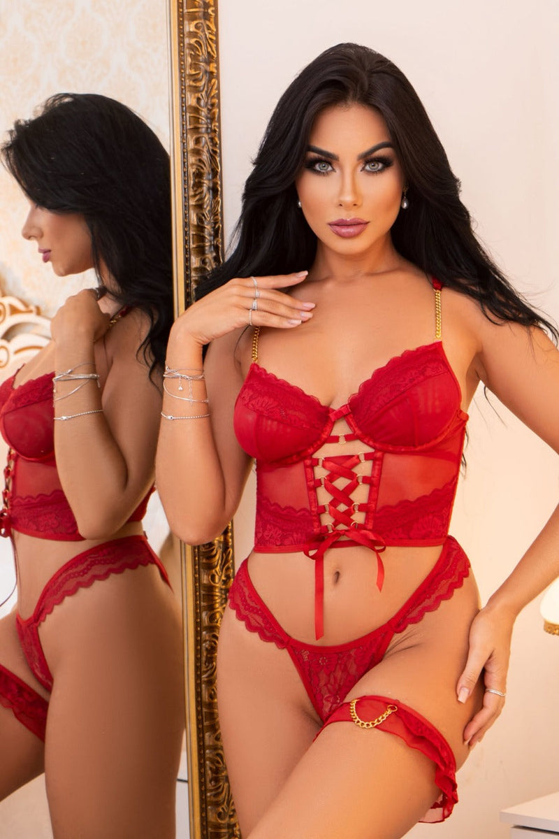 Simone Lace Lingerie Set | Anya Lust Luxury Lingerie | Romantic Red Corset Like Bra With Front Lace Up Detail And Matching Panty