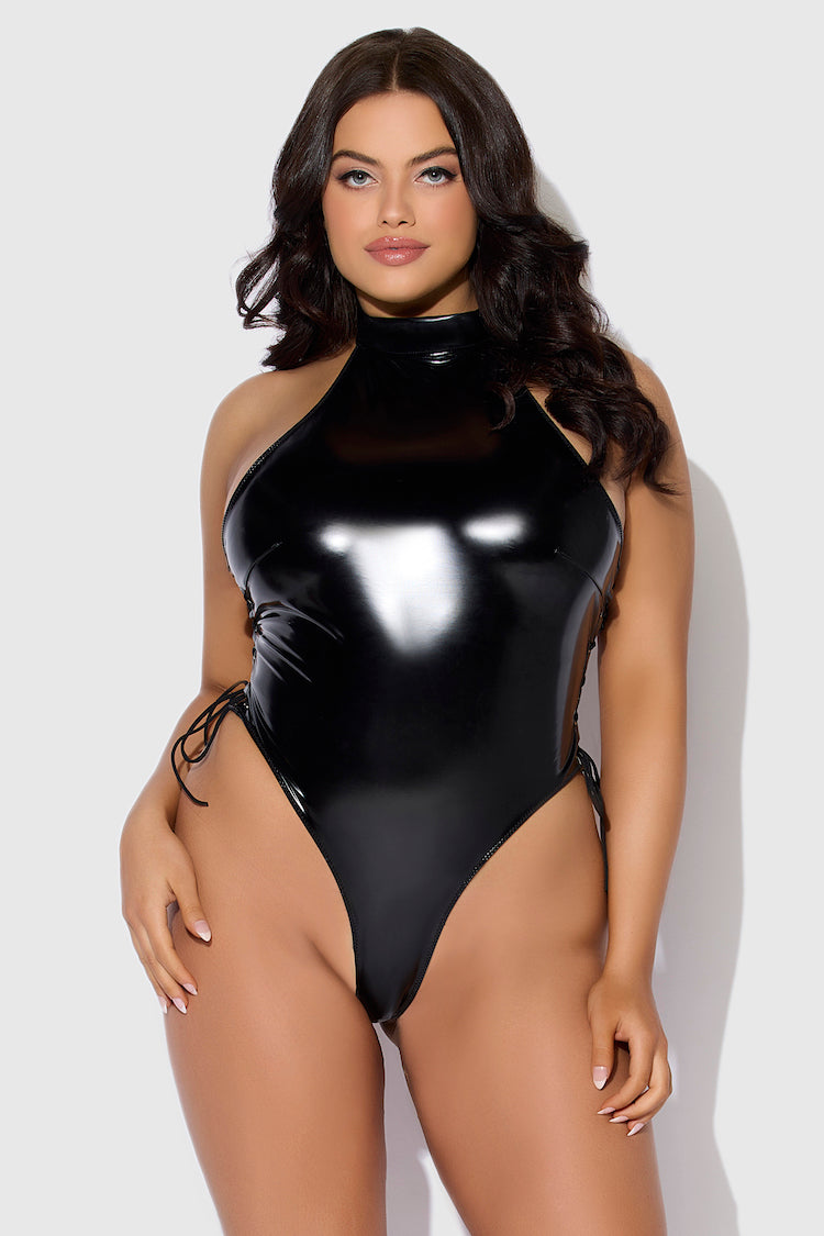 Trinity Plus Size Bodysuit | Anya Lust Wetlook Lingerie for Women | Black high-shine plus size bodysuit with high-leg cut and form-fitting silhouette.