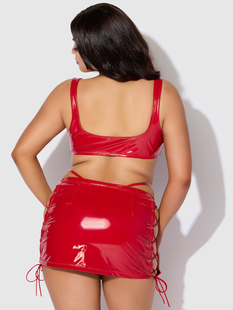 Trinity Plus Size Skirt Set | Anya Lust Wetlook Lingerie for Women | Full-figured woman wearing high-shine plus size mini skirt and coordinating lace-up top