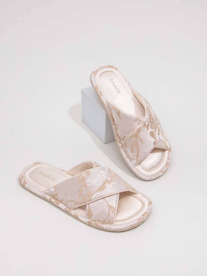 Classic Cross-Strap Embroidered Slippers