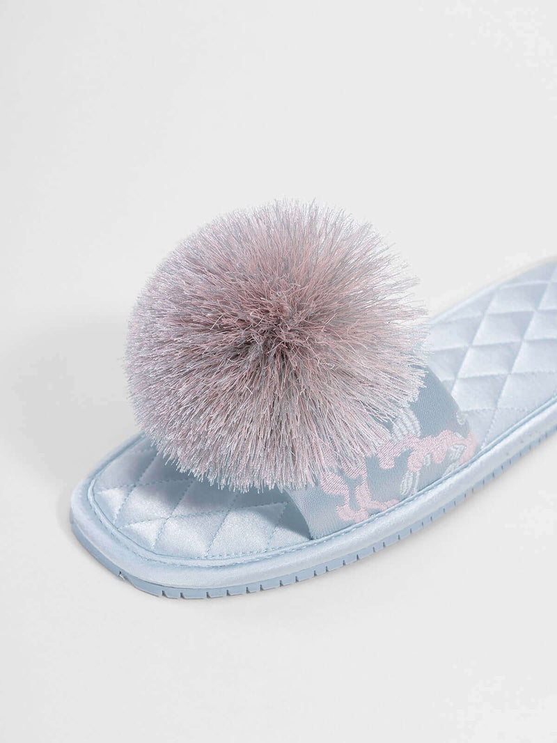 Embroidered Pom Pom Slippers