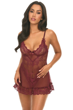 Valentine Sheer Babydoll Zinfandel | Anya Lust Luxury Lingerie | Romantic Sheer Lace babydoll Lingerie with V Neckline and matching Thong for Special Nights