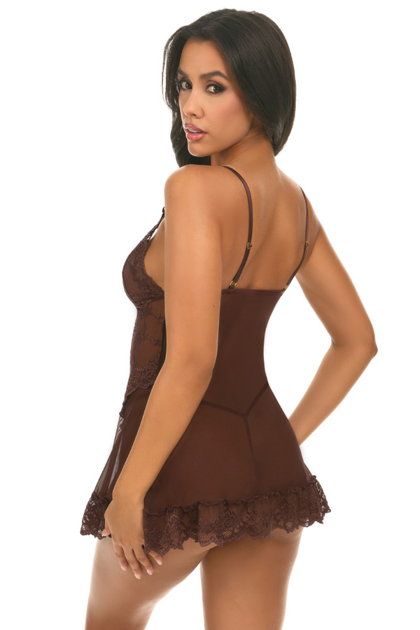 Valentine Sheer Babydoll in Puce | Anya Lust Lingerie for Women | Back View of Brown Seductive Babydoll