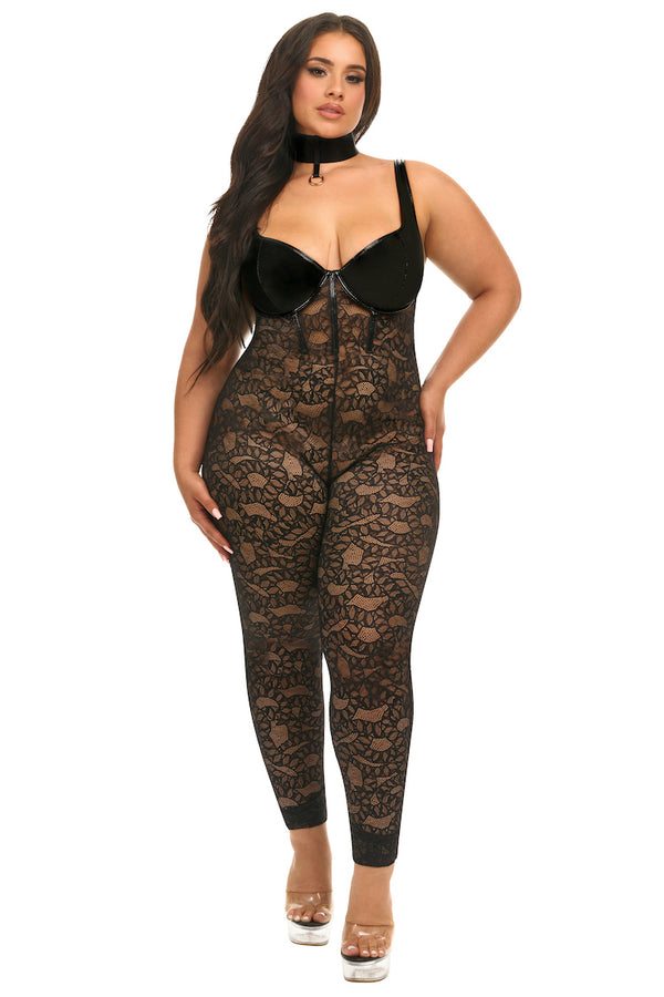 Wear Me Now Plus Size Body Stocking | Anya Lust Luxury Lingerie | Romantic Black Plus Size Body Stocking With Vinyl