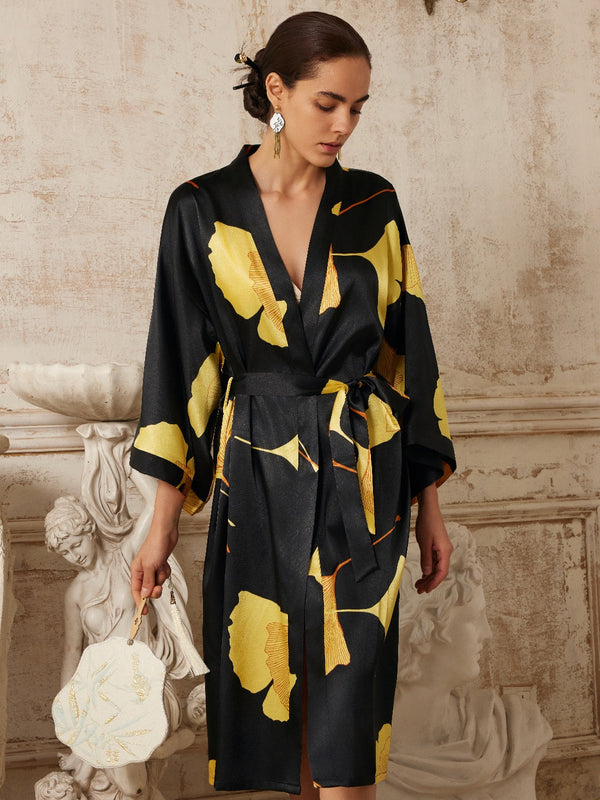 Yellow Ginkgo Leaf Print Black Kimono Robe | Anya Lust Luxury Robe | Black Jacquard Kimono Robe With Yellow Ginkgo Print