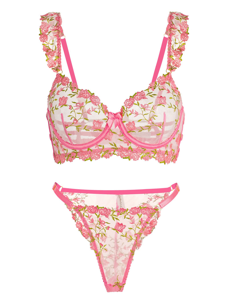 Pink Rose Embroidered Lingerie Set