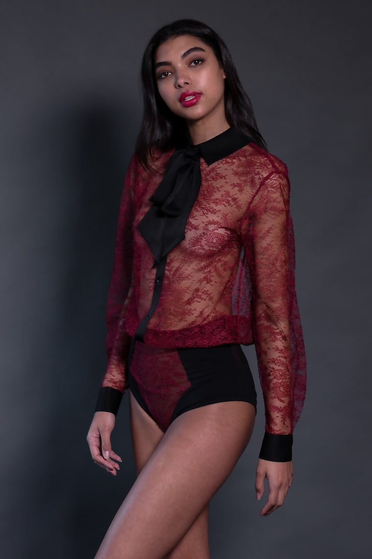 Céline Red Lace Bodysuit | Long Sleeve Bodysuit | Sheer Lingerie | Anya Lust
