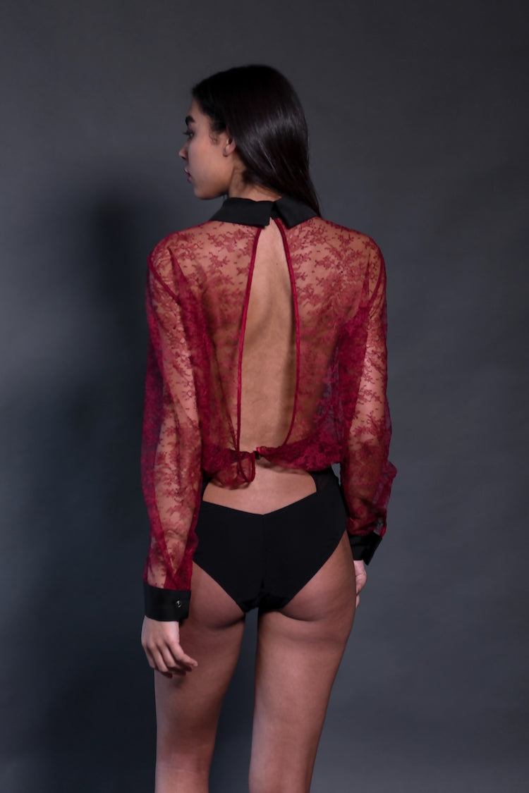 Céline Red Lace Bodysuit | Long Sleeve Bodysuit | Sheer | Anya Lust