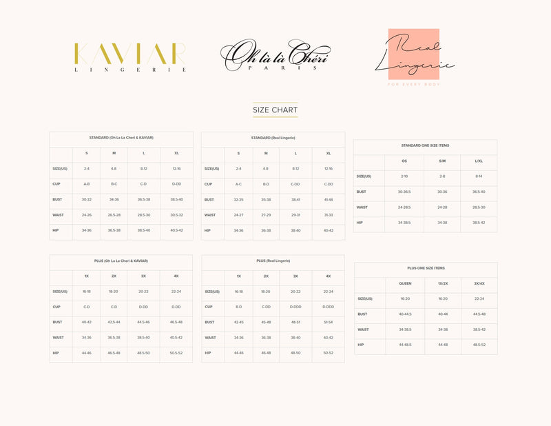 Lingerie size chart for standard sizes and plus sized women