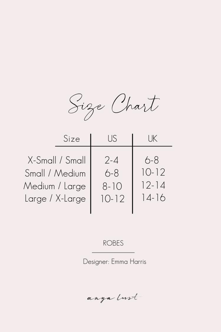 Rochelle Silk Robe | Anya Lust Luxury Loungewear | Loungewear Size Chart